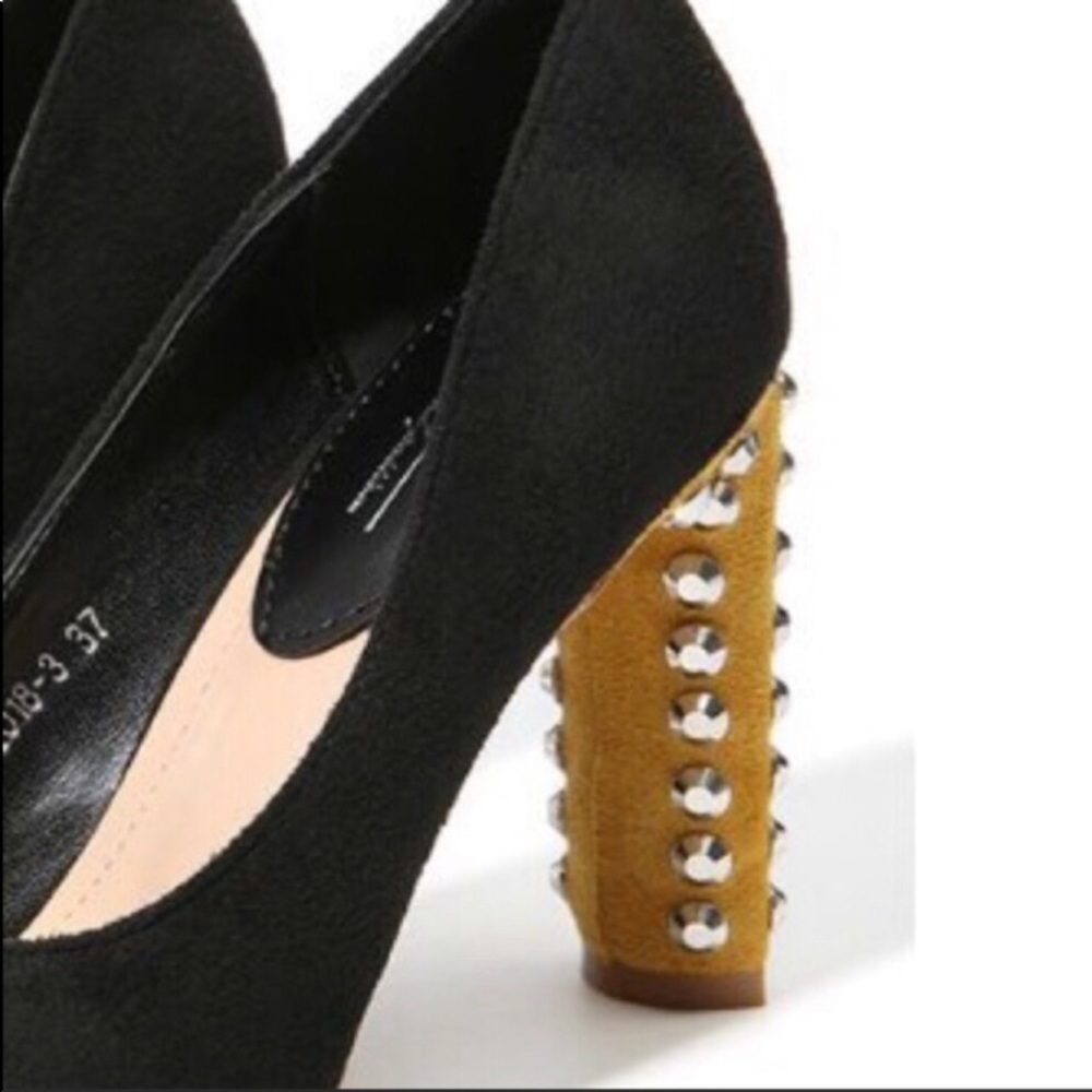 Black + Mustard Suede Rivet Heels - Picture 4 of 7